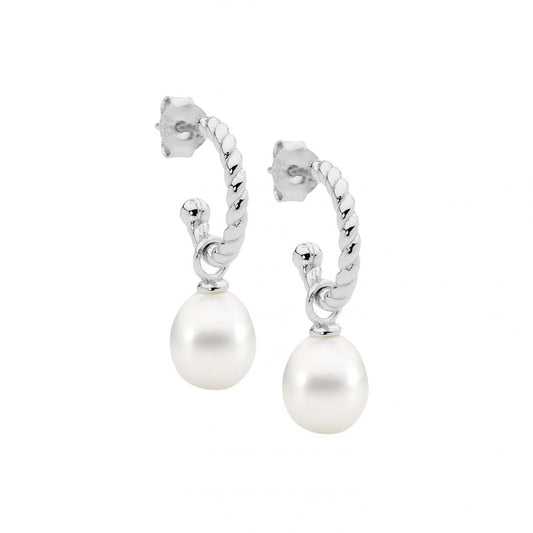 Ellani Sterling Silver White Freshwater Pearl Drop 13mm Twist Hoop Stud Earrings