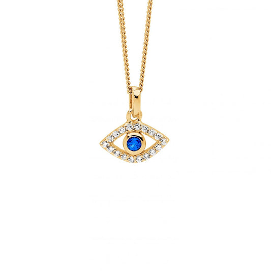 Ellani Sterling Silver & IP Yellow Gold Plated White & Blue Cubic Zirconia Evil Eye Pendant