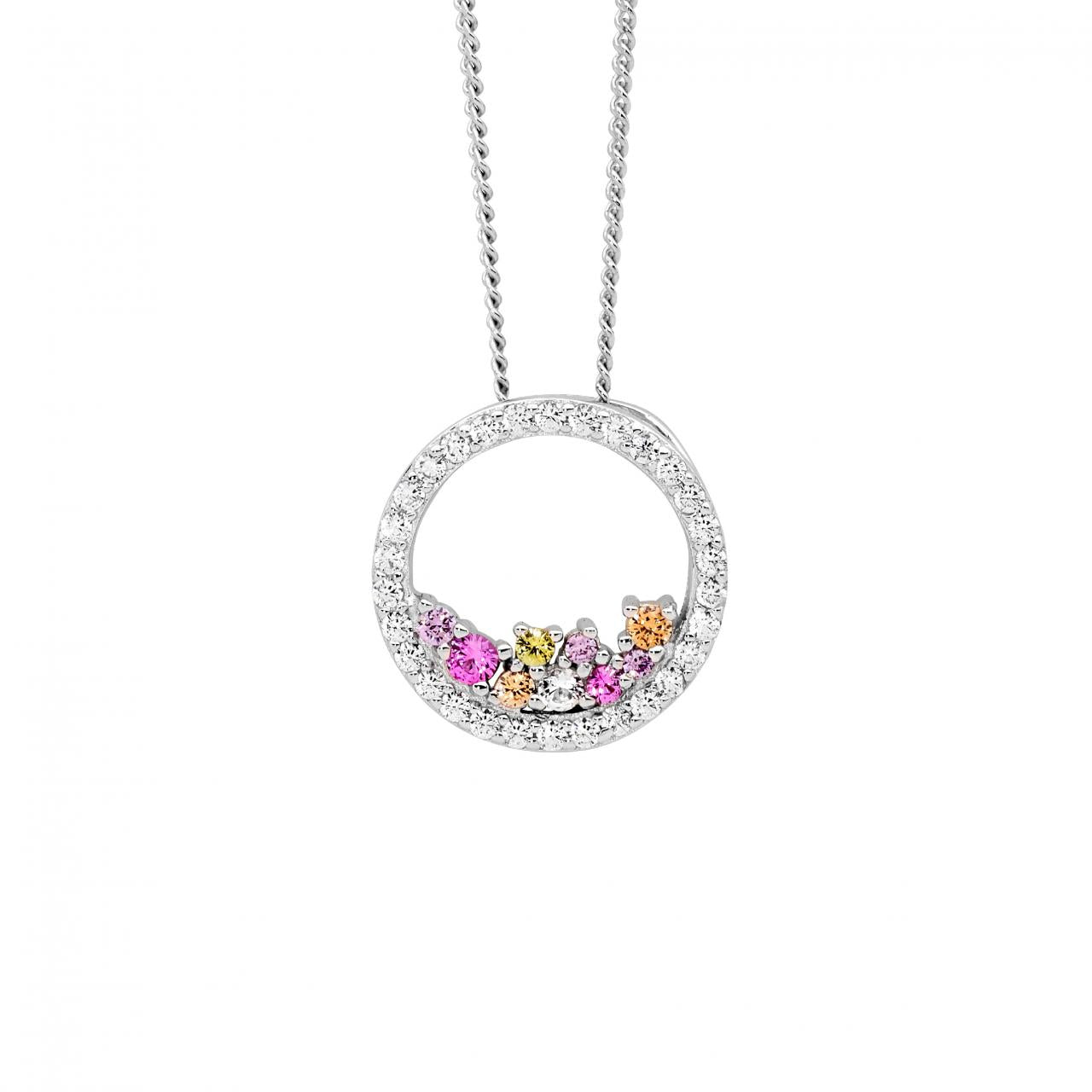 Ellani Sterling Silver Multi Coloured Pastel Cubic Zirconia 14mm Open Circle Pendant Necklace