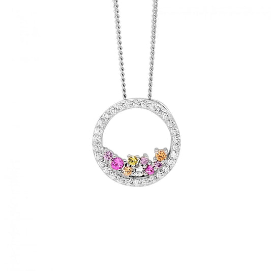 Ellani Sterling Silver Multi Coloured Pastel Cubic Zirconia 14mm Open Circle Pendant Necklace