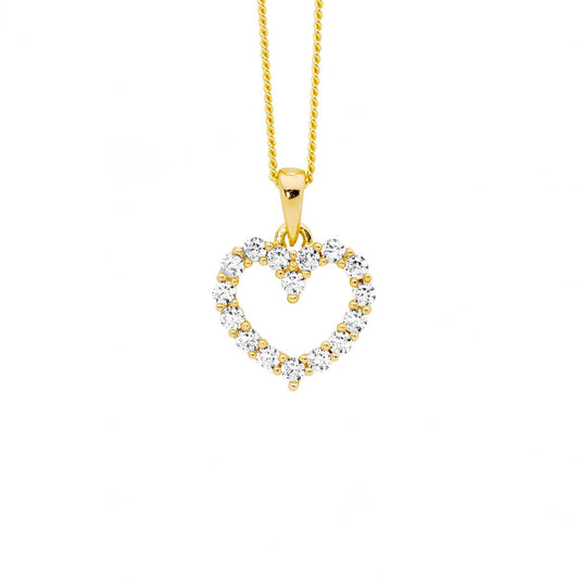 Ellani Sterling Silver & IP Yellow Gold Plated White Cubic Zirconia 11mm Open Heart Pendant Necklace