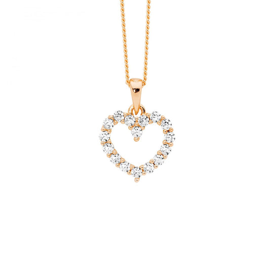 Ellani Sterling Silver & IP Rose Gold Plated White Cubic Zirconia 11mm Open Heart Pendant Necklace