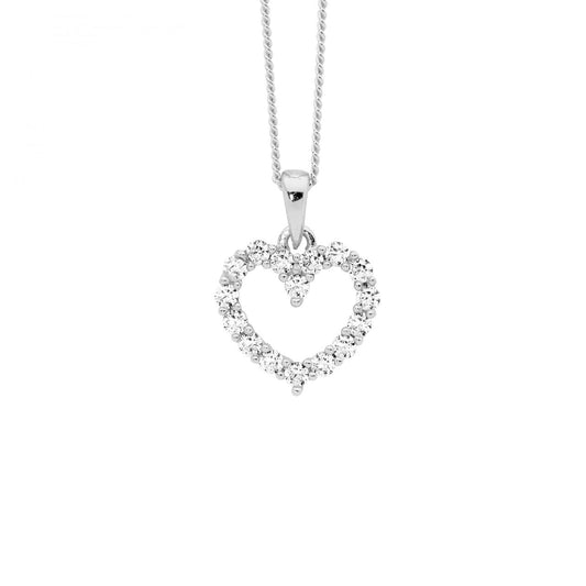 Ellani Sterling Silver White Cubic Zirconia 11mm Open Heart Pendant Necklace