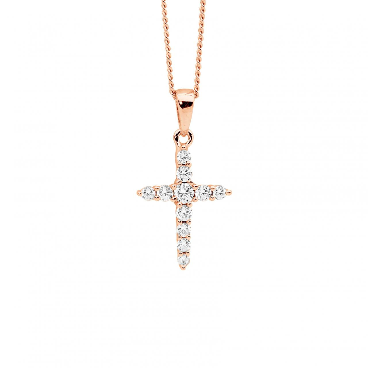 Ellani Sterling Silver & IP Rose Gold Plated White Cubic Zirconia 15mm Cross Pendant Necklace