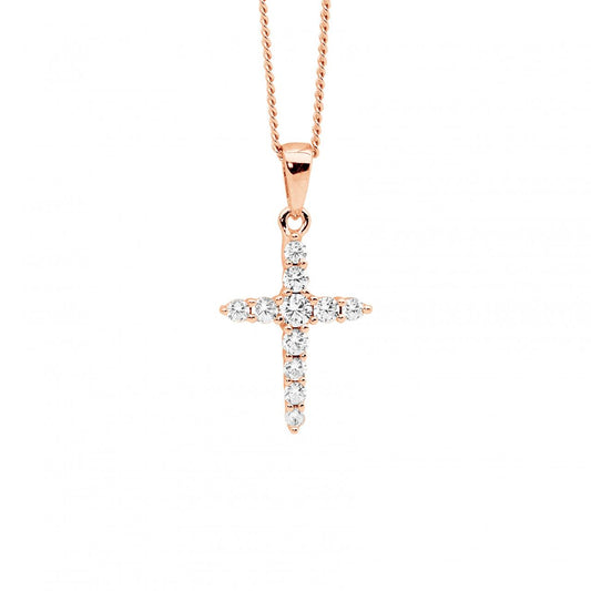 Ellani Sterling Silver & IP Rose Gold Plated White Cubic Zirconia 15mm Cross Pendant Necklace