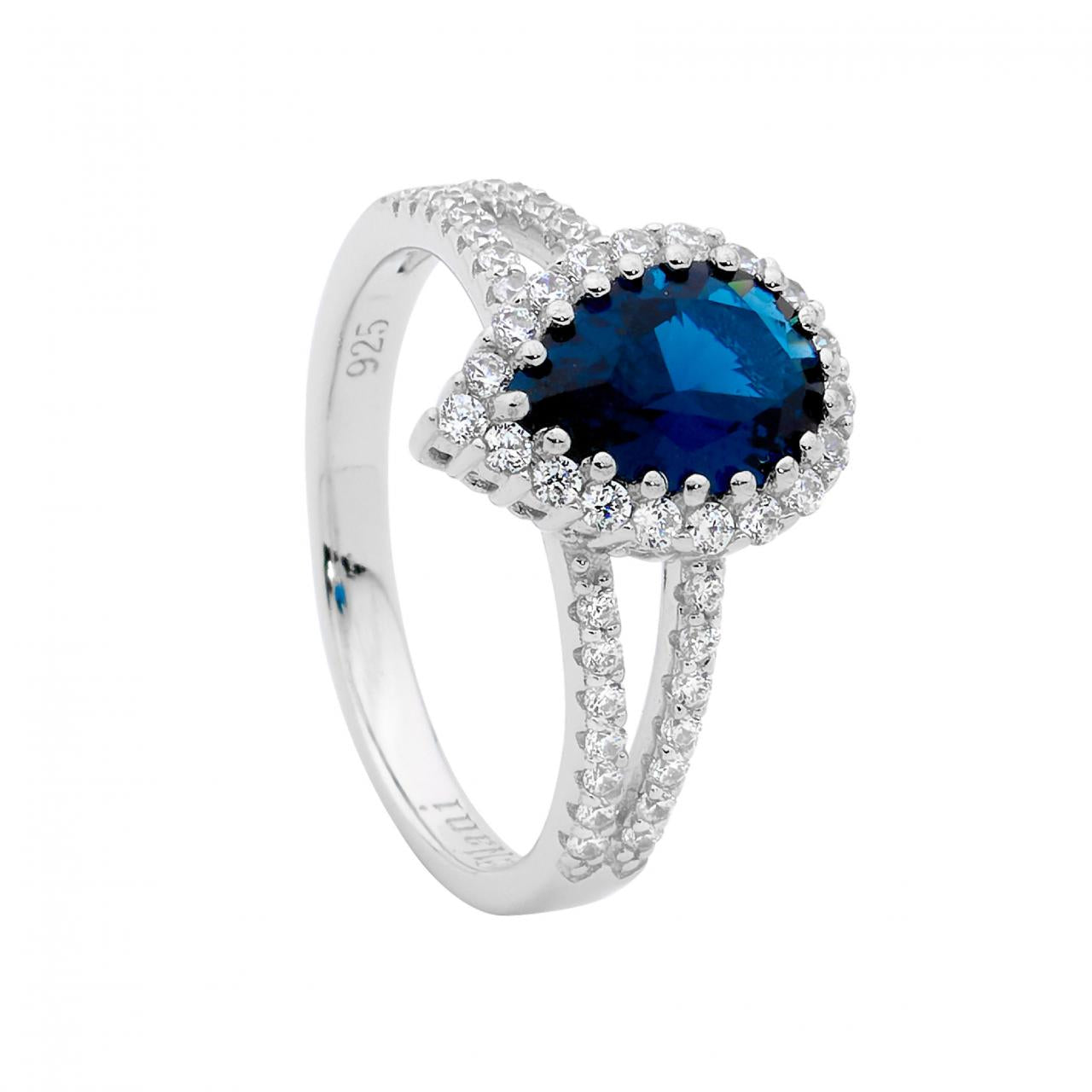 Ellani Sterling Silver London Blue Pear & White Round Halo Cubic Zirconia Split Band Ring