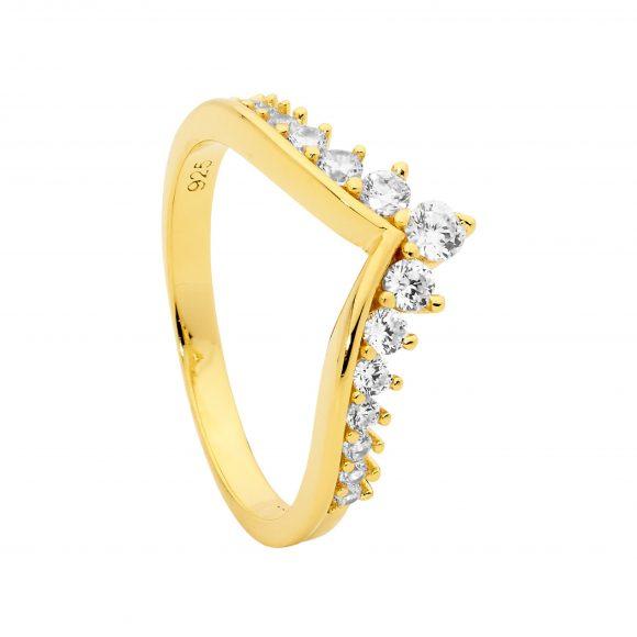 Ellani Sterling Silver & IP Yellow Gold Plated White Cubic Zirconia V Shape Ring