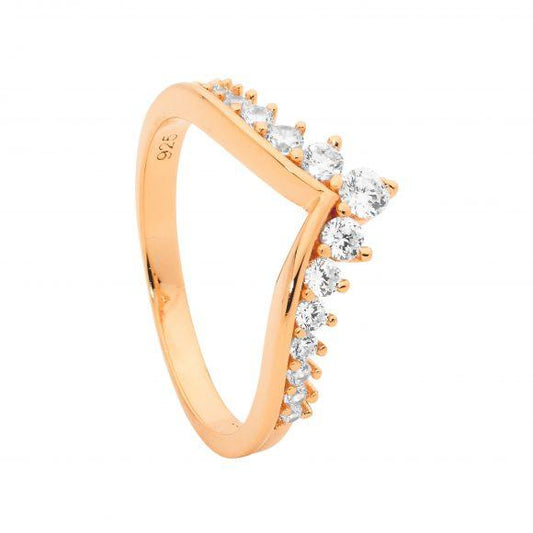 Ellani Sterling Silver & IP Rose Gold Plated White Cubic Zirconia V Shape Ring