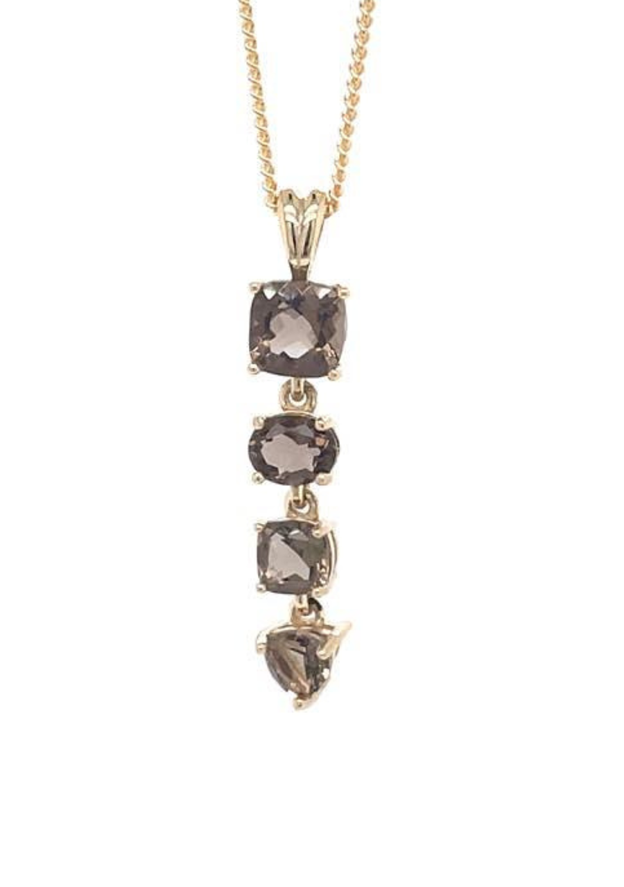 9ct Yellow Gold Smokey Quartz Four Stone Drop Pendant