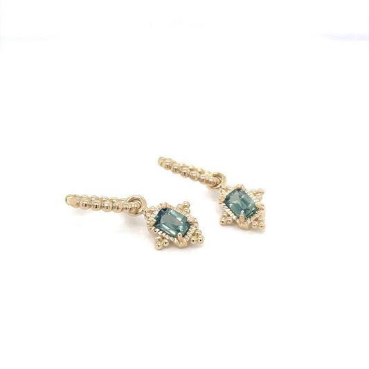 Sapphire 9ct Yellow Gold Emerald Cut Green Sapphire Drop Hoop Earrings