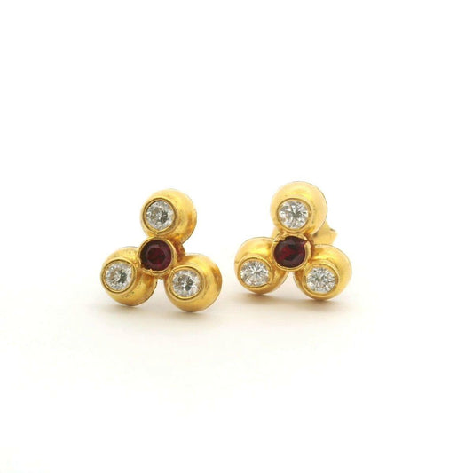 Estate 14ct Yellow Gold Red & Clear Cubic Zirconia Stud Screw Back Earrings