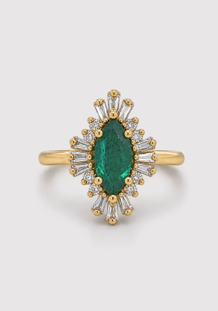 Emerald & Diamond 18ct Yellow Gold Marquise Cut Cluster Ring