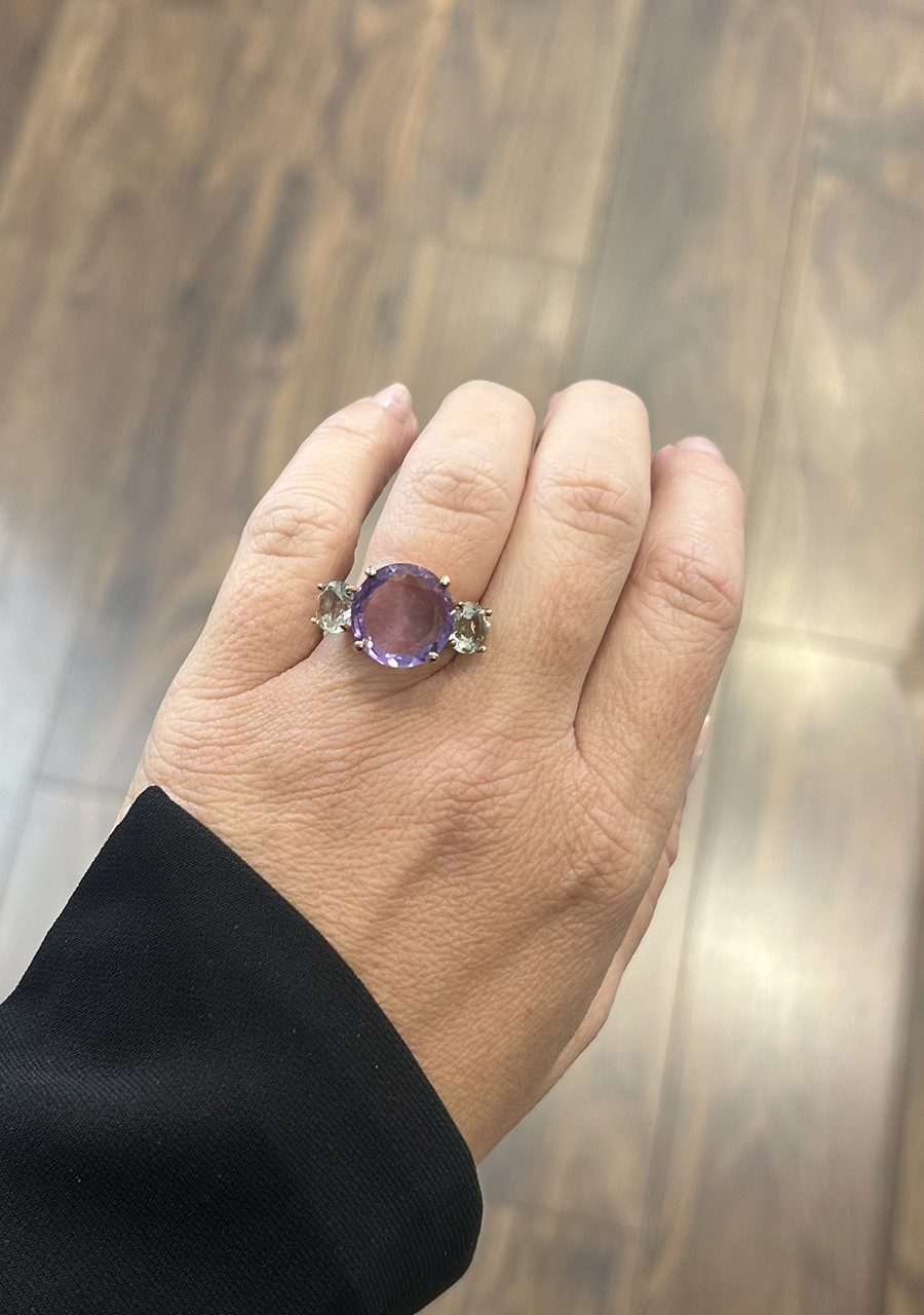 9ct Rose Gold Purple & Green Amethyst Three Stone Ring