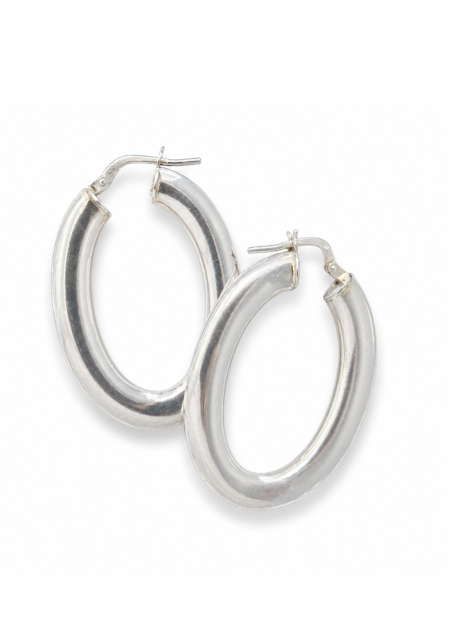 Sterling Silver Flat Oval Creole Hoop Earrings