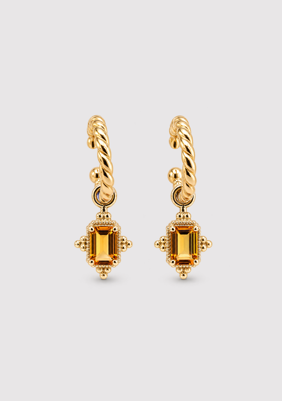 9ct Yellow Gold Emerald Cut Citrine Drop Hoop Earrings