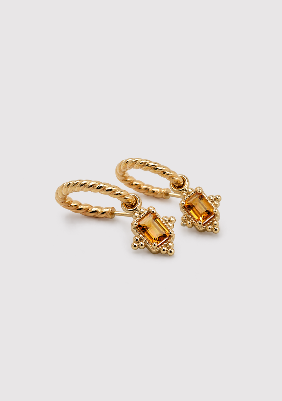 9ct Yellow Gold Emerald Cut Citrine Drop Hoop Earrings