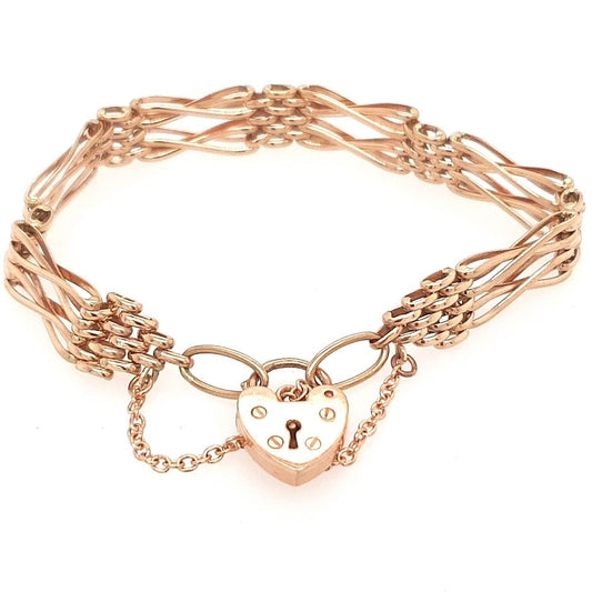 Estate 9ct Rose Gold Gate Bracelet with Heart Catch and Safety Chain