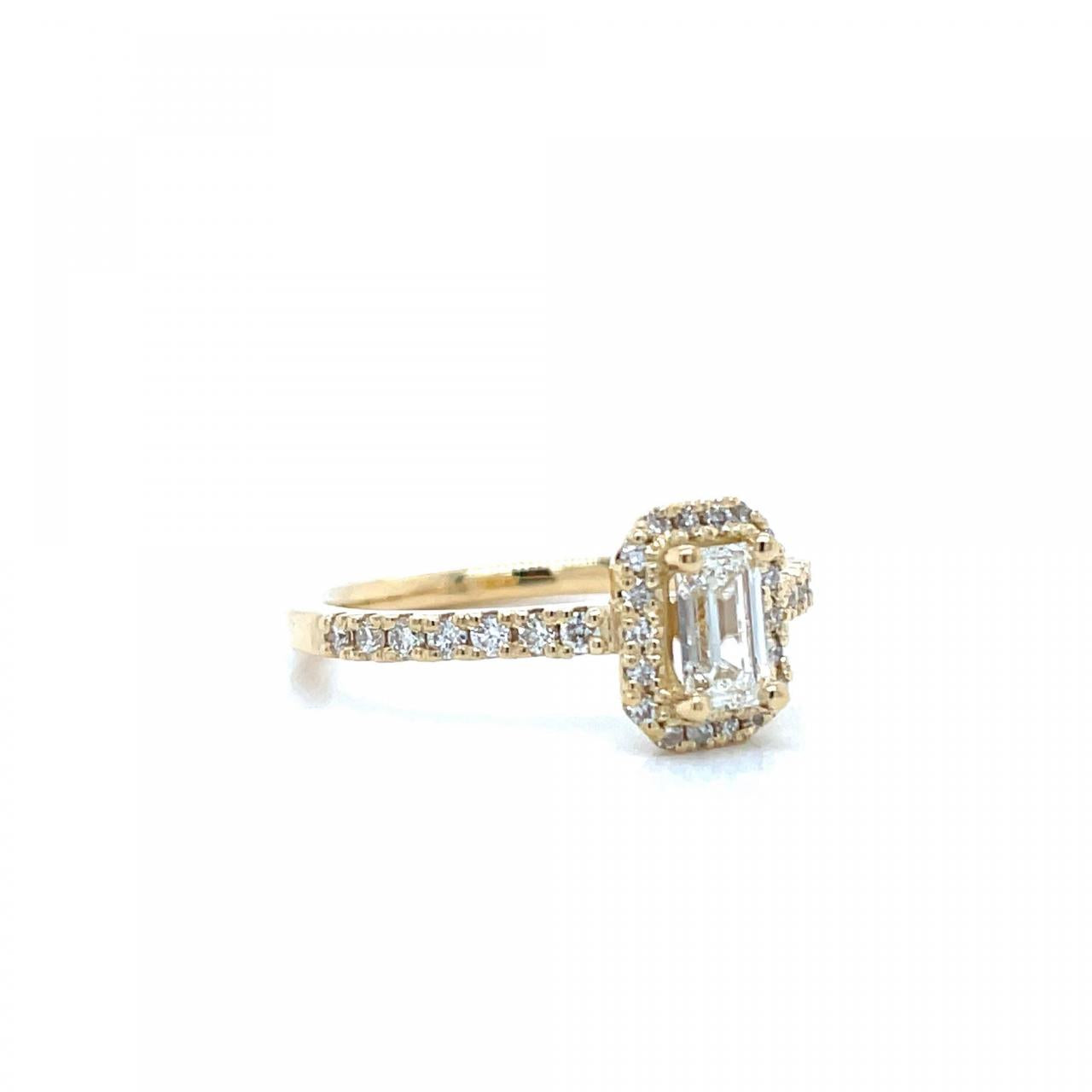 18ct Yellow Gold 0.50ct Emerald Cut Diamond Halo Ring