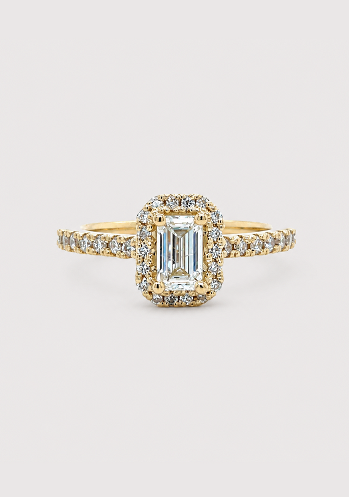 18ct Yellow Gold 0.50ct Emerald Cut Diamond Halo Ring