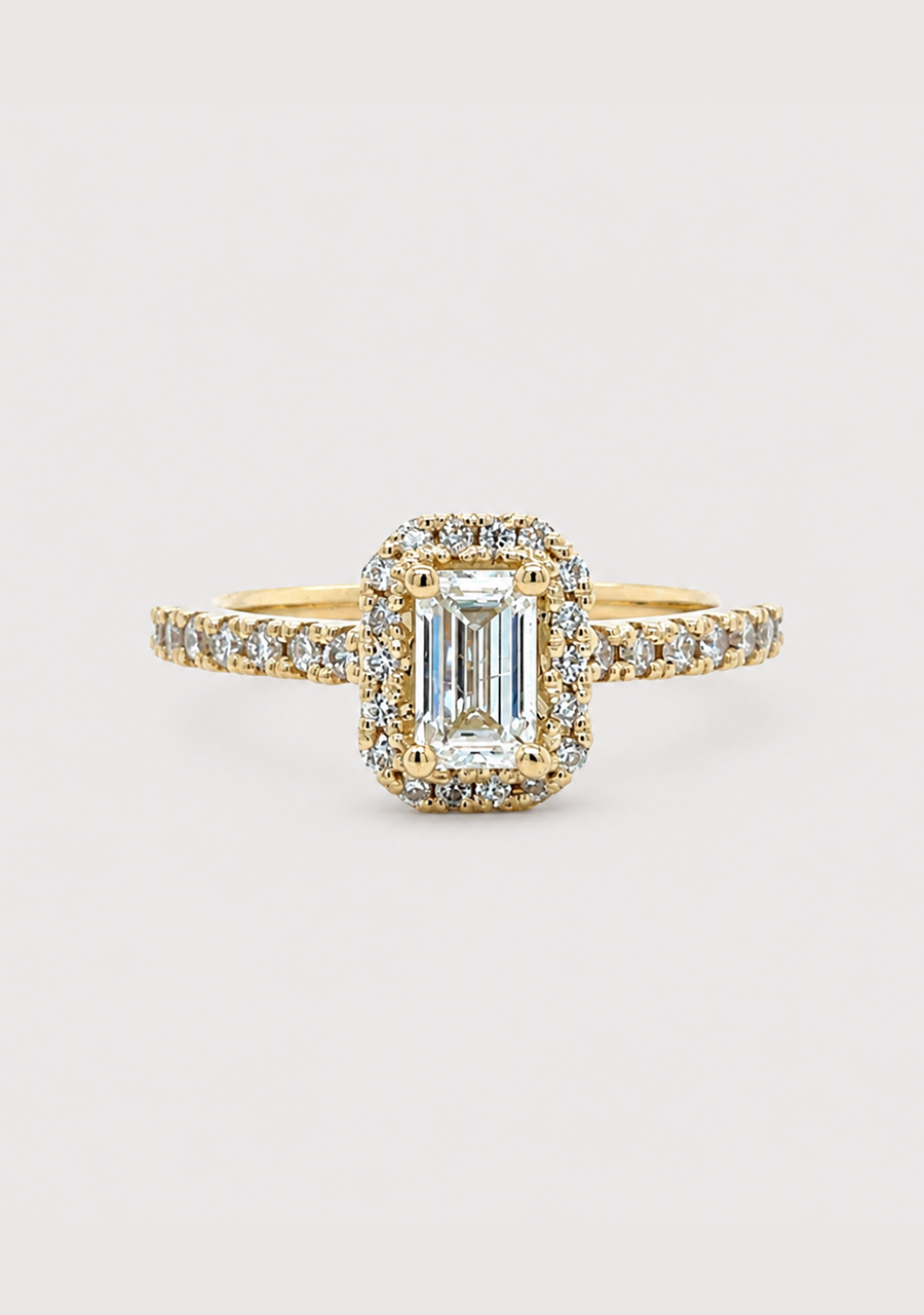 18ct Yellow Gold 0.50ct Emerald Cut Diamond Halo Ring
