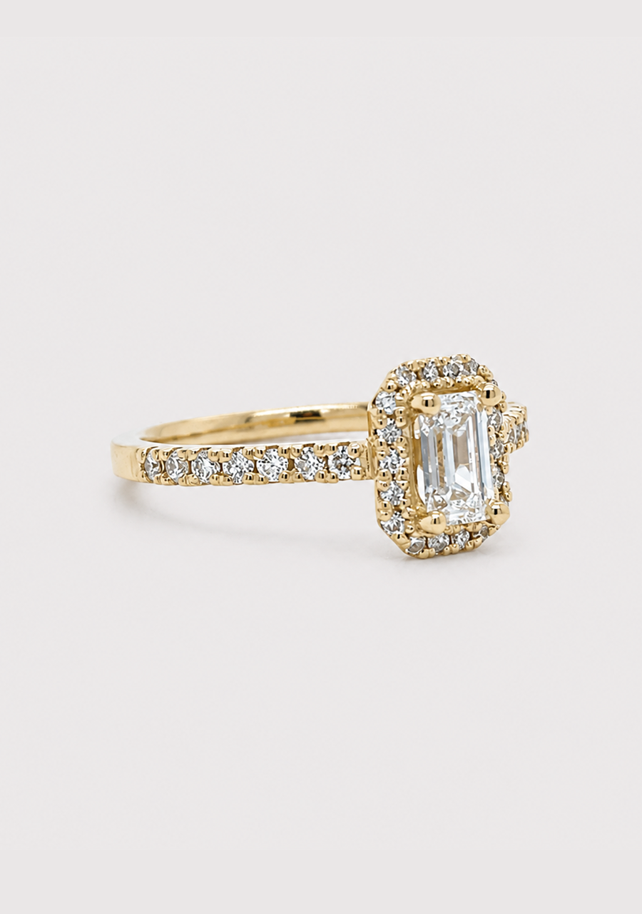 18ct Yellow Gold 0.50ct Emerald Cut Diamond Halo Ring