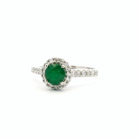 Emerald Ring - 18ct White Gold 0.56ct Round Emerald & Diamond Halo Ring