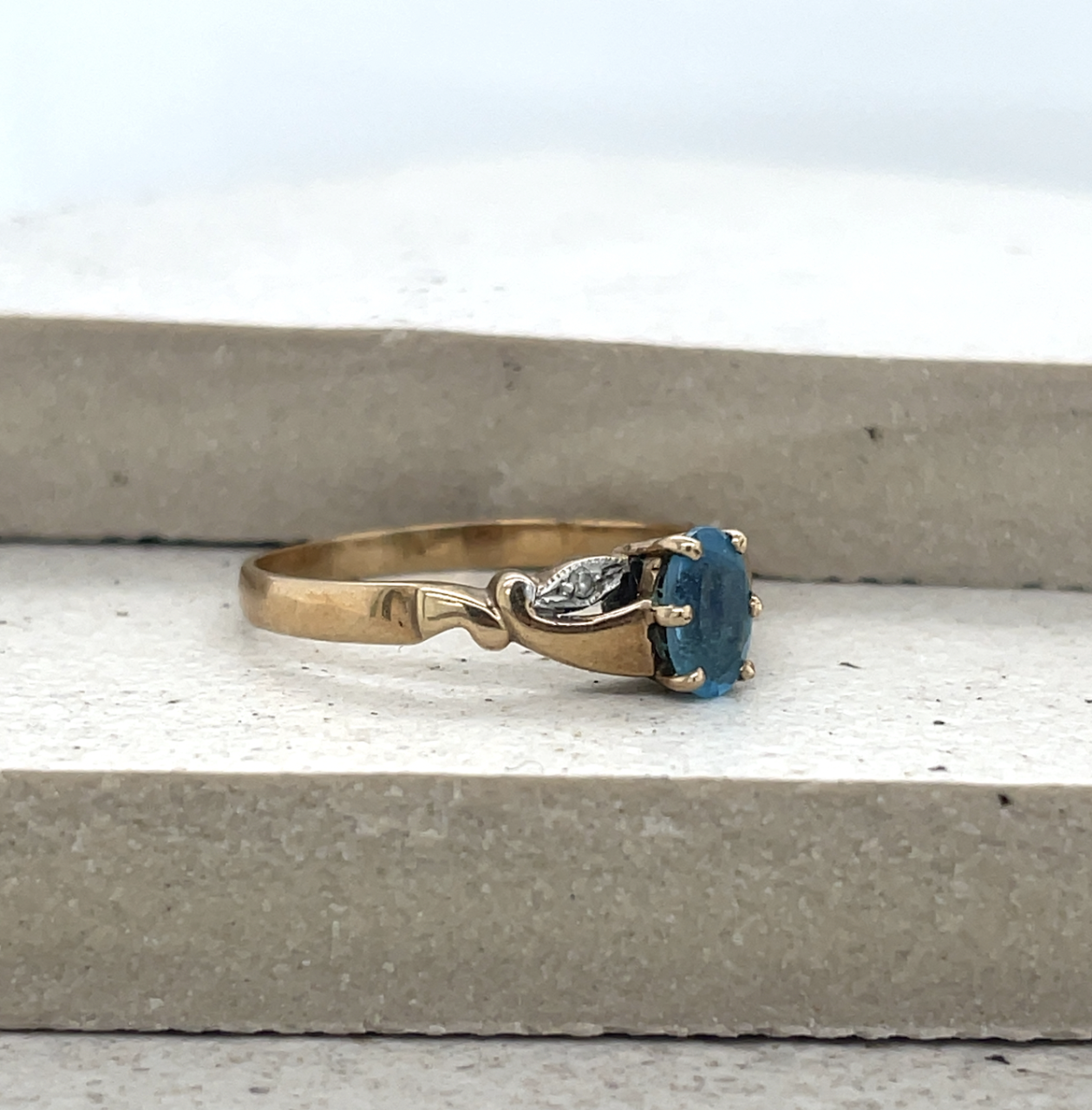 Estate 9ct Yellow Gold Blue Topaz and Diamond Ring