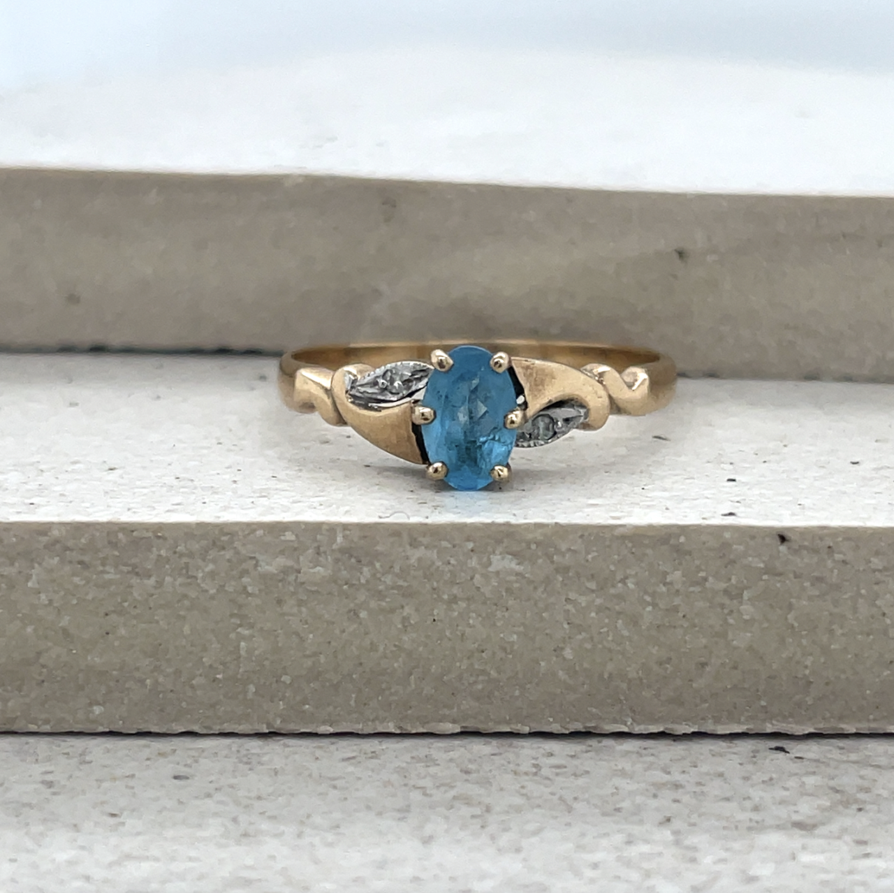 Estate 9ct Yellow Gold Blue Topaz and Diamond Ring