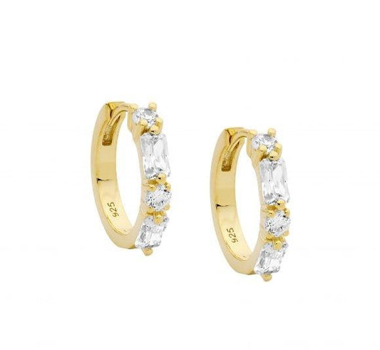 Ellani Sterling Silver & IP Yellow Gold Plated Round and Baguette CZ Hoop Earrings