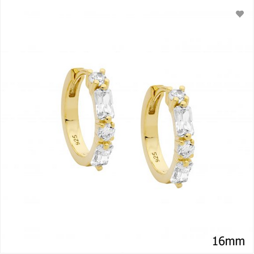 Ellani Sterling Silver & IP Yellow Gold Plated Round and Baguette CZ Hoop Earrings