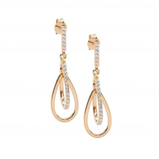 Ellani Sterling Silver & IP Rose Gold Plated Double Open Teardrop Earrings