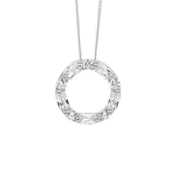 Ellani Sterling Silver Round and Baguette Circle Pendant Necklace