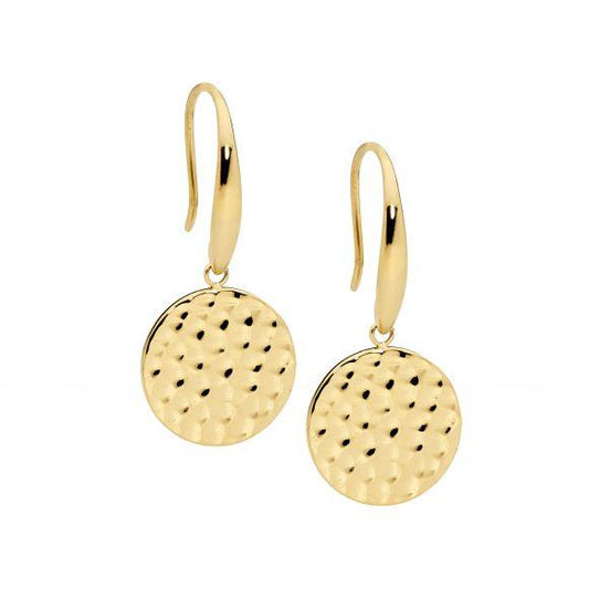 Ellani Stainless Steel and IP Yellow Gold Plated 15mm Hammered Disc Hook Earrings