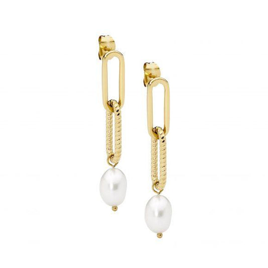 Ellani Stainless Steel and IP Yellow Gold Plated Paperclip Earring with Freshwater Pearl