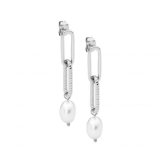 Ellani Stainless Steel Paperclip Earring with Freshwater Pearl