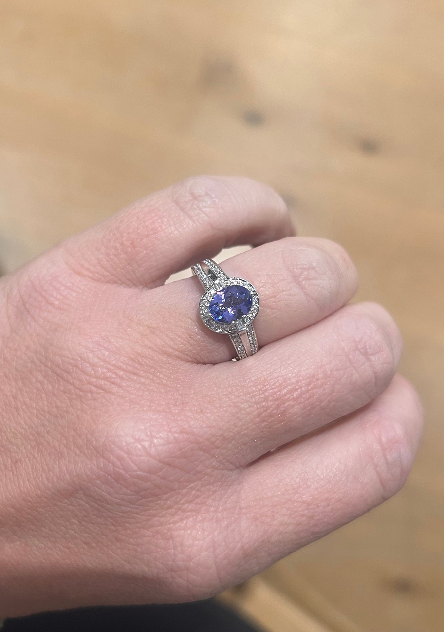 9ct White Gold Oval Tanzanite Ring with Diamond Halo and Double Row Diamond Shoulders Dress Ring