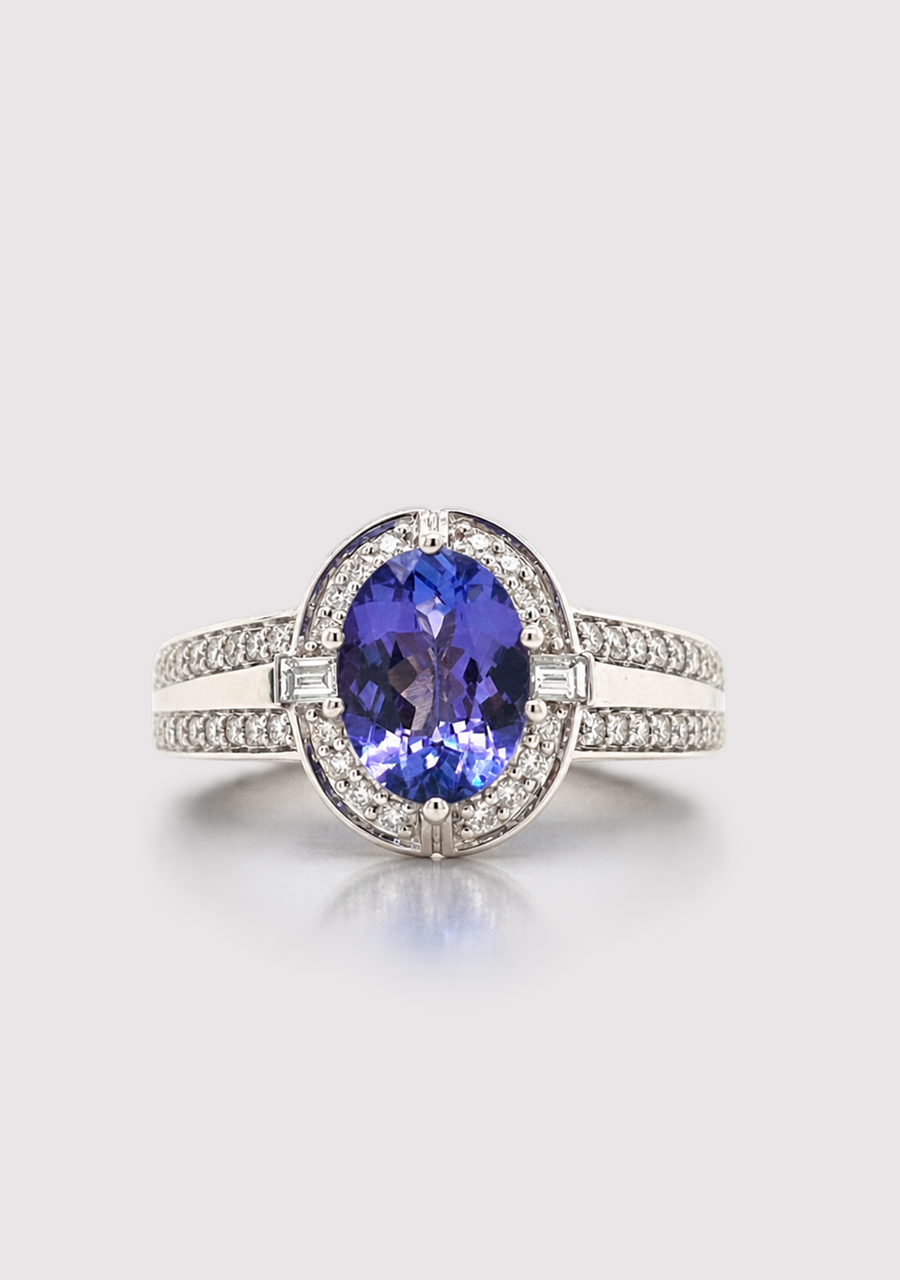 9ct White Gold Oval Tanzanite Ring with Diamond Halo and Double Row Diamond Shoulders Dress Ring