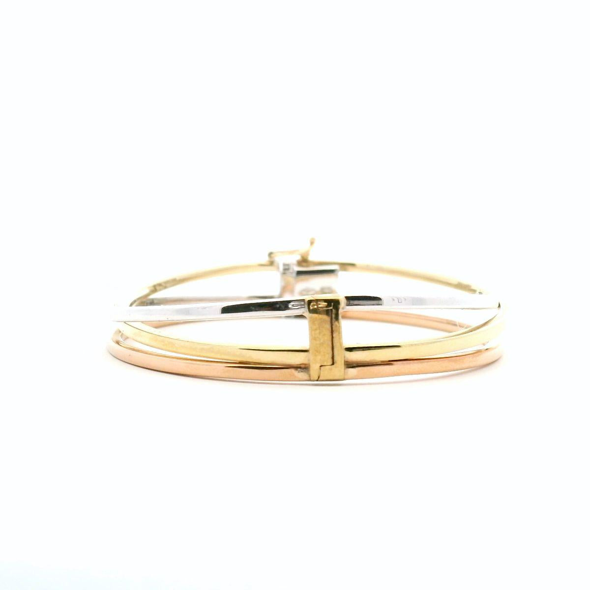 9ct Tri Tone Hollow Cross Over Hinged Bangle