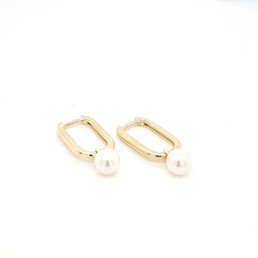 9ct Yellow Gold Pearl Drop Earrings on Rectangular 24mm Hoops