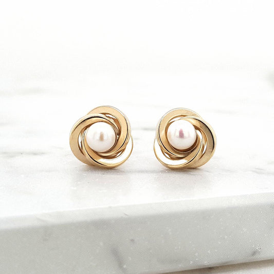 9ct Yellow Gold 4mm Pearl Knot Stud Earrings