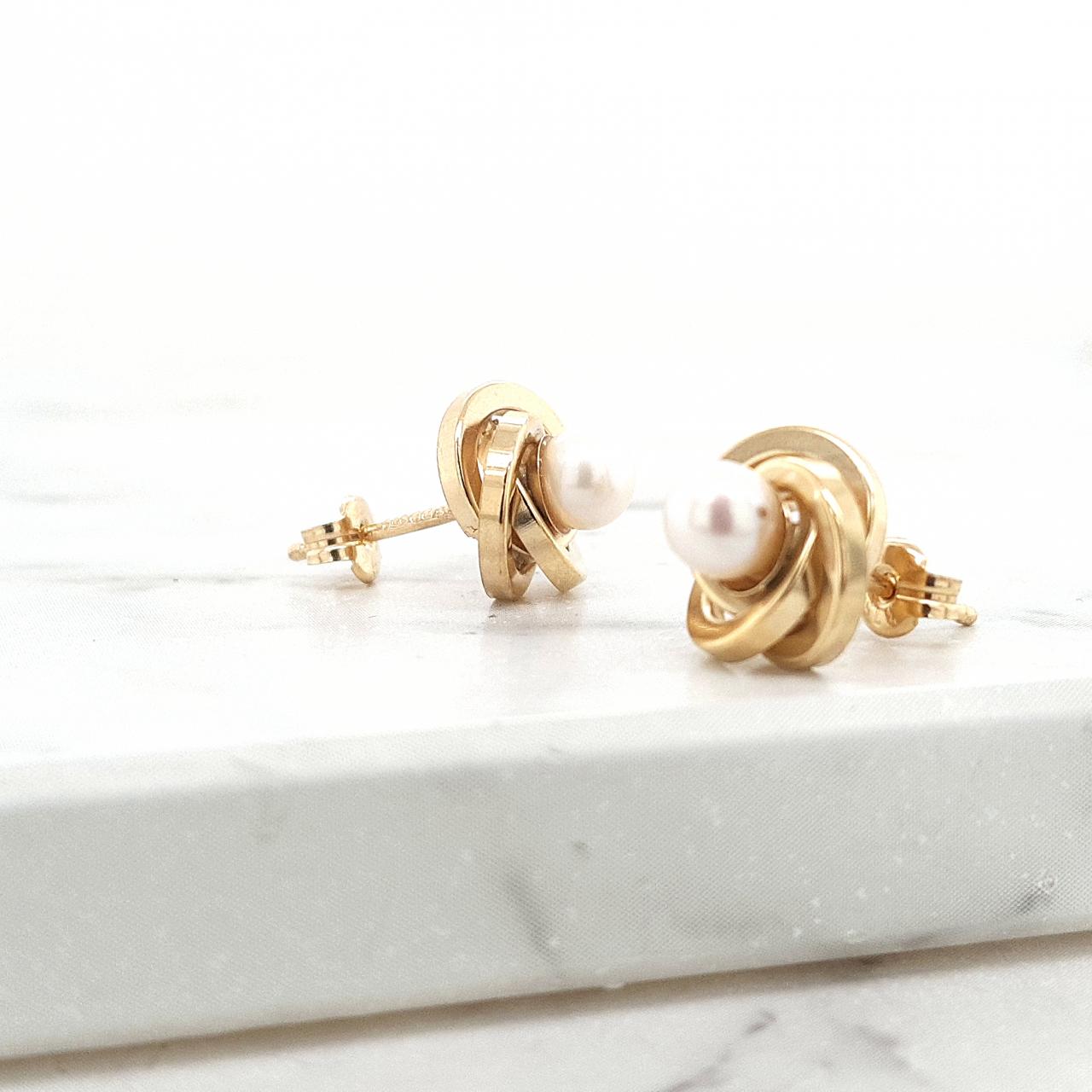 9ct Yellow Gold 4mm Pearl Knot Stud Earrings