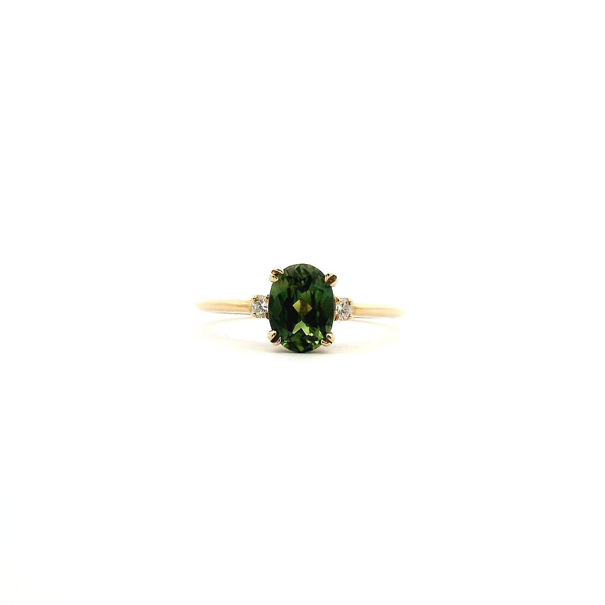 Sapphire & Diamond 9ct Yellow Gold Double Claw Green Sapphire & Diamond Ring