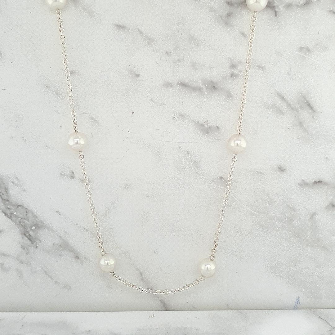 Sterling Silver Oval Belcher Chain with 5mm White Pearls - Necklace