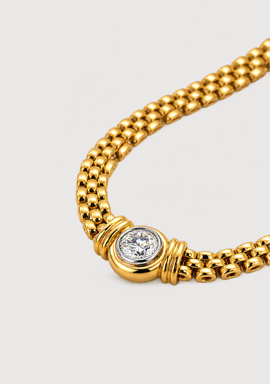18ct Yellow & White Gold Cartier Style 3 Bar Chain with 1.01ct Round Brilliant Bezel Set Lab Grown Diamond