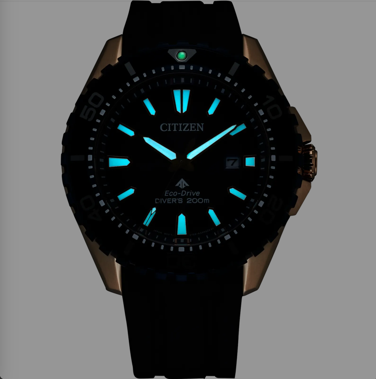 Citizen Gents Eco-Drive Divers Yellow Gold Plated Dark Blue Dial Black Rubber Strap Watch 200M WR Watch Code: BN0196-01L