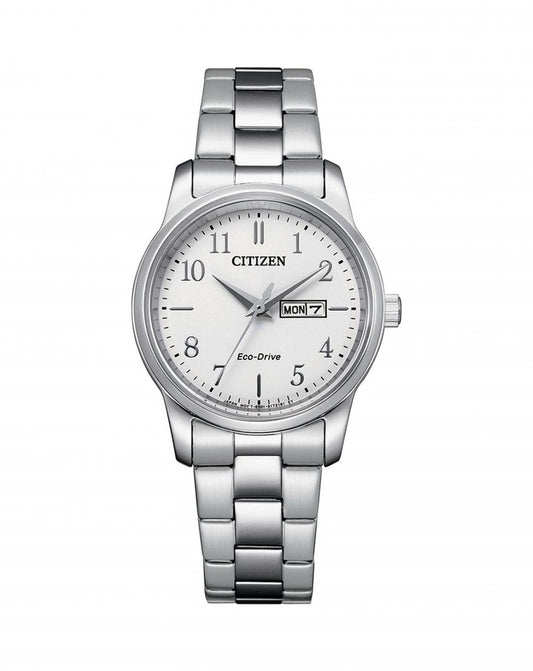 Citizen Ladies Eco-Drive Stainless Steel White Dial Watch 100M WR Watch Code: EW3260-84A