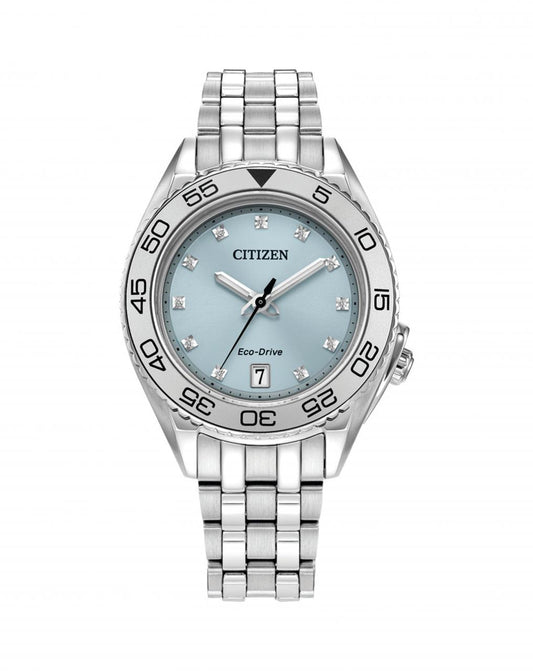 Citizen Ladies Eco-Drive Diamond Stainless Steel Aqua Dial Watch 100M WR Watch Code: FE6161-54L