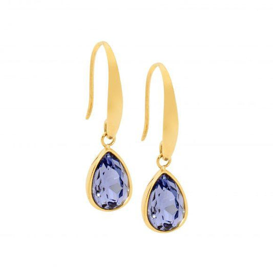 Ellani Stainless Steel Gold Plated Tear Drop Earrings with Amethyst Glass Stone