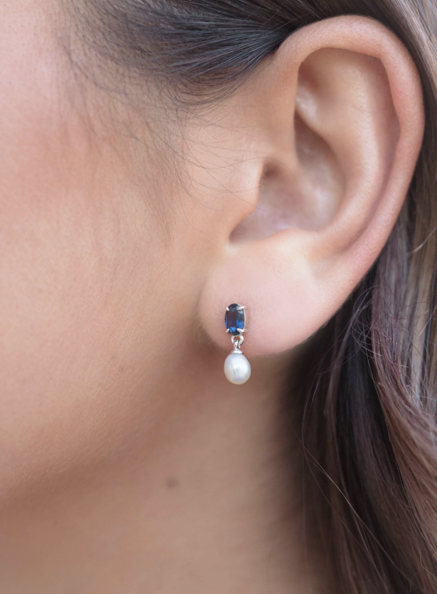 Georgini Sterling Silver Oceans Whitsundays Freshwater Pearl Earrings with Blue Sapphire