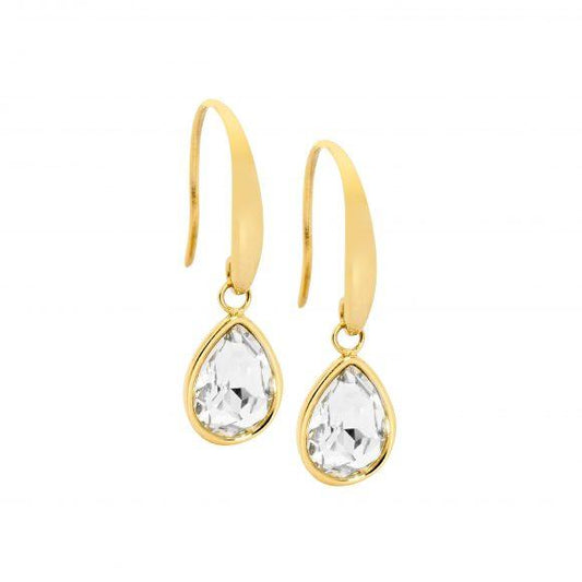 Ellani Stainless Steel Yellow Gold Plated Tear Drop Earring with Clear Stone